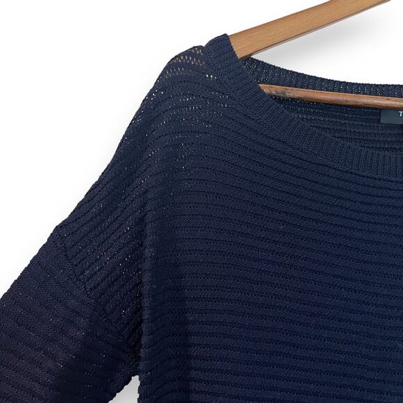 Theory Sweater Womens P XS Navy Blue Ribbed Oversized Cotton Open Knit Crewneck - Picture 7 of 10